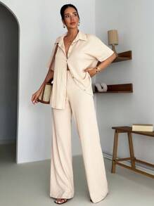 EURMUSE 2 Pcs Regular Shirt And Wide Leg Pants - Beige - View 4