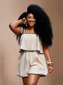 Veslaya 2025 Autumn & Winter New Arrivals, Women's Fall/Winter Clothes, Halloween, Music Festival, Easter, Western Style, Nomadic Style, Birthday Party, Graduation, Student Wear, Daily Casual, Vacation, Cruise Travel, Beach, Sunbathing, Fashionable, Plus Size Women Khaki Ribbed Texture Camisole Jumpsuit With Black Contrast Valentine's Day Outfit - Khaki - View 5