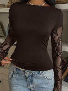 CovetEZ Women Casual Coffee Brown Knit Lace Patchwork Long Sleeve Top, Summer - Coffee Brown - View 4