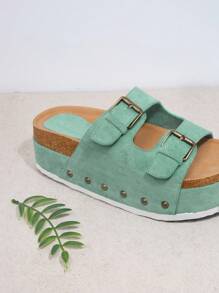 SHUZIA Open Toe Double Buckle Flatform Sliders Summer Shoes Spring Shoes Spring Break Easter Vacation Shoes Casual Shoes Beach Shoes Mother's Day Present - Mint Green - View 4