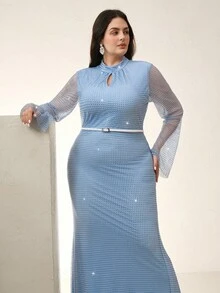 Anewsta Women's Rhinestone Hollow-Out Waist Fitted Fishtail Hem Sleeveless Dress - Blue - View 6