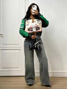 Slaydiva 2025新款早秋冬休闲街头日常约会机车复古棒球夹克口号Logo杏色拼接黑绿印花落肩长袖宽松外套针织面料女装