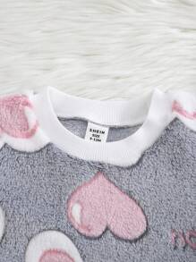 2 件婴幼儿女孩心形印花粉白长袖上衣和罗纹袖口舒适裤子套装，秋冬家居服女婴睡衣女婴心形套装返校时尚 - 彩色 - 查看 3