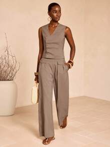 Zivah Conjunto de traje casual de verano 2025 para festivales de música y graduación: Top sin mangas de tela de lino texturizada con diseño de botones y pantalones rectos en caqui, adecuado para ocio, playa, uso diario / Conjunto de pantalones de lino / Conjunto de pantalones de verano / Conjunto de ropa de verano para mujer / Conjunto de pantalones de pierna ancha