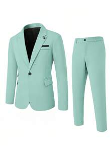 Manfinity Mode 男士经典尖领翻盖休闲西装外套和裤子套装 - 綠色 - 查看 3