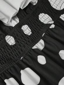 Sweetra 大码可爱迷人的蘑菇印花露肩迷你连衣裙 - 黑與白 - 查看 5