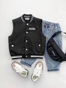 SHEIN Chaleco/Chaqueta negra con estampado gráfico de letra y acolchado, estilo callejero casual y holgado para niño, forro grueso, cómodo para ir al trabajo, la escuela, uso diario, deportes, adecuado para otoño e invierno - Negro - Ver 4