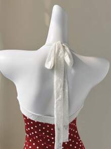 Elamini 复古黑白圆点蕾丝边蝴蝶结点缀露背系带腰部拼接荷叶边下摆迷你连衣裙，优雅可爱，适合夏季、海滩、度假、日常穿着、约会 - 紅色 - 查看 5