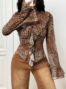 Slaydiva Elegant Brown Leopard Print Mesh Sheer Blouse,Autumn Ruffle Trim Tie Front Women Top For Night Out,Music Festival,Daily,Party,Date,Beach,Cruise - Multicolor - View 5