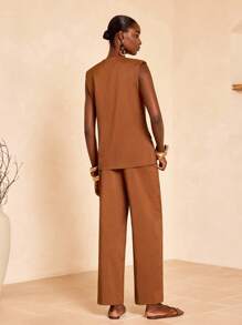 Zivah 2025 新款夏季母亲节婚礼嘉宾生日派对日常休闲度假时尚别致街头优雅办公室商务休闲 V 领无袖纽扣背心外套和直筒裤棕色竹纤维面料女 2 件套秋冬 - 棕色 - 查看 3