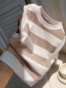 Comfortcana 女士休闲驼色条纹短款针织上衣