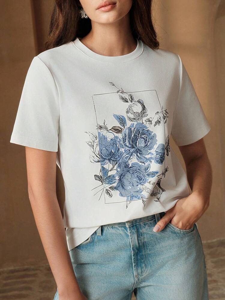 Women Elegant Versatile Floral Print Crew Neck T-Shirt, Spring/Summer