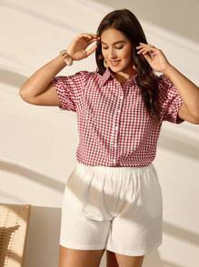 EMERY ROSE Plus Size Summer Casual Grid Pattern Puff Sleeve Shirt For New Year Clothes - Red - View 4