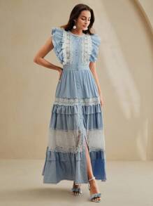 Anewsta Light Blue Elegant Summer Ruffle Sleeve Long Maxi Cardigan Dress