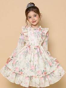 Elladie kids 年轻女孩春季玫瑰印花无袖花卉泡泡裙连衣裙，后拉链开合，百搭可爱的公主裙，适合日常休闲穿着 - 彩色 - 查看 4
