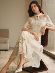 Anewsta 女士衬衫领镂空花卉蕾丝格子连衣裙，情人节，夏季海滩度假，新年装，春季，约会之夜 - 杏色 - 查看 6