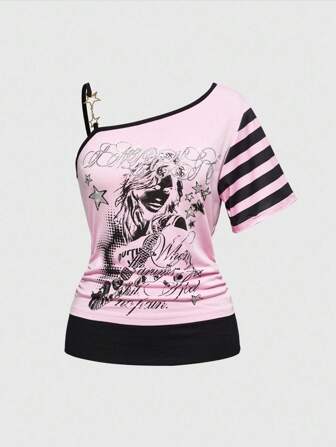 J-Fashion Y2K Retro Silhouette Graphic Print Shoulder Strap Star Decor Women T-Shirt