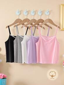 青少年女孩 5 件套可追溯材质内衣吊带背心套装，包括灰色、白色、浅紫色、浅粉色、黑色和深紫色，配有细肩带和领口蕾丝装饰，整体休闲风格适合日常穿着返校时尚