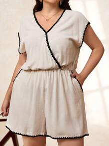 SHEIN Clasi جمبسوت نسائي بمقاس كبير للصيف بياقة على شكل حرف V وأكمام خفاشية، كاجوال أنيق بألوان متباينة وحافة صدفية، أسود، ملابس يومية للعطلات وملابس عمل كاجوال - لون مشمشي - مشاهدة 2