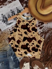 SHEIN EZwear 休闲简约牛奶纹理西部风格印花紧身圆领背心，适合夏季