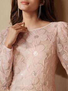 Anewsta 花卉亮片刺绣粉色长袖美人鱼下摆晚礼服 - 粉色 - 查看 5