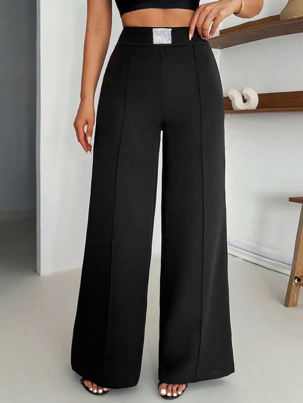 EURMUSE Solid Color, Rhinestone Details, Wide Leg Pant