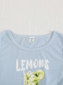 少女简约柠檬格子印花吊带背心和短裤休闲套装 返校时尚 - 彩色 - 查看 6