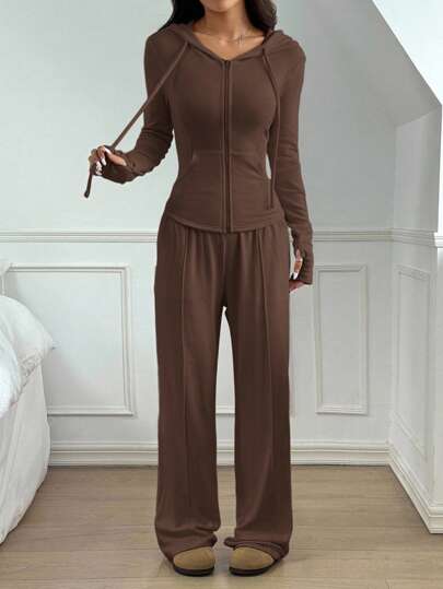 SHEIN EZwear 女士休闲咖啡棕色抽绳连帽衫和裤子套装