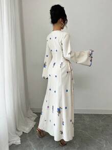 Yasmyna Women's Woven Floral Print Ruffle Tie-Waist A-Line Arabic Dress - Blue - View 2