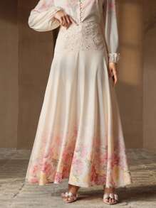 Anewsta 女装春夏时尚定位印花蕾丝拼接杏色半裙 - 杏色 - 查看 4