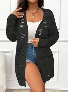 Elenzga Halloween Plus Size Casual Solid Color Hollow Out Knitted Cardigan Fall Winter Cloth For Women Autumn - Black - View 4