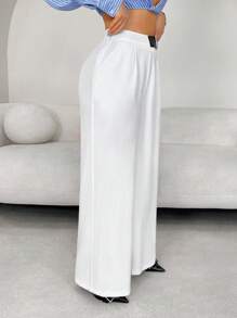 SHEIN SXY Business Casual Leather Belt Wide Leg Suit Pants, White Wide Leg Pants Women ,White Dress Pants, White Flare Pants ,White Pants ,Wide Leg Pants,Fall Women Clothes,Teacher Outfits For Women,Back To School,Business Casual Woman,Work Pants,Old Money - White - View 7