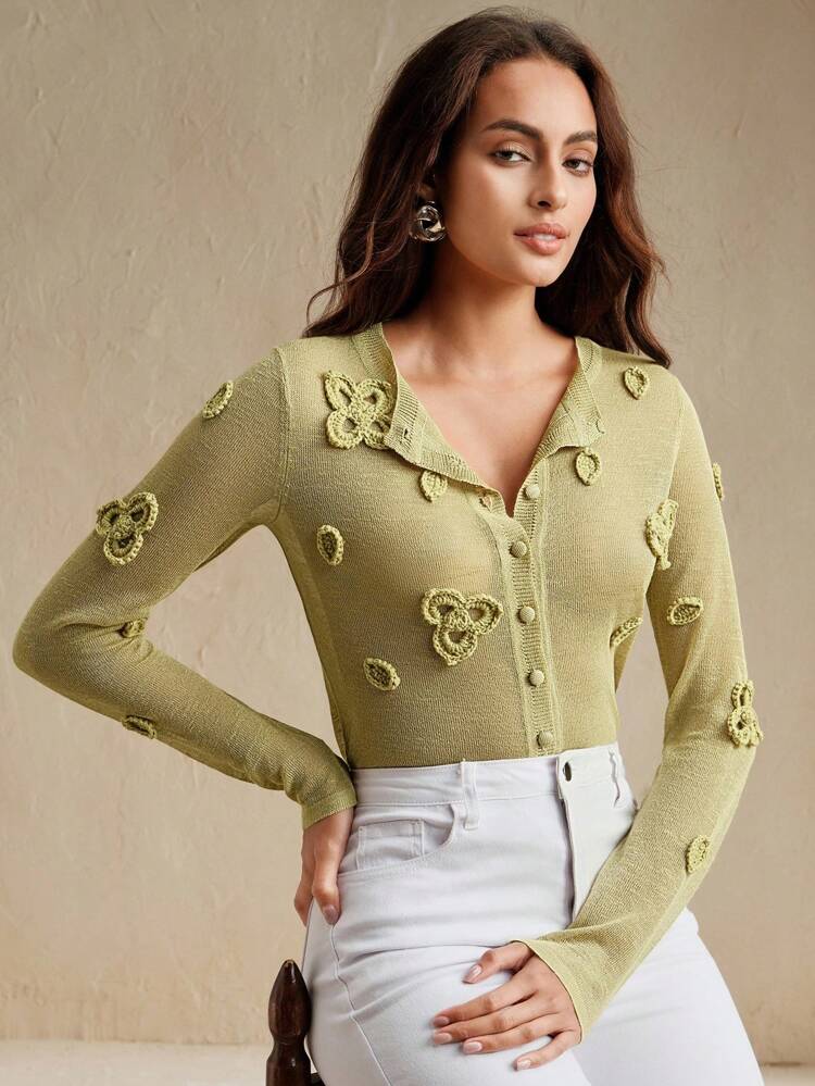 Olive Green Elegant Handcrafted Floral Knit Cardigan, Versatile & Slimming, Suitable For Spring & Autumn