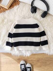 SHEIN 男宝宝百搭黑/白条纹圆领宽松毛衣，休闲运动/街头风格，韩版/日系时尚