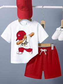 GraphicGems 2 件套幼儿男童酷熊图案圆领短袖白色 T 恤和红色短裤休闲装