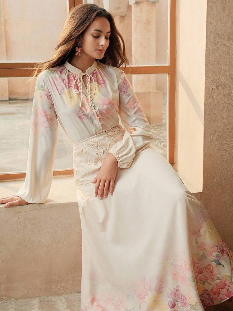 Damska koszula z długim rękawem i nadrukiem w kwiaty na wiosnę/lato, elegancka i modna, z długim rękawem i nadrukiem w stylu francuskim