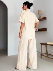 EURMUSE 2 Pcs Regular Shirt And Wide Leg Pants - Beige - View 2
