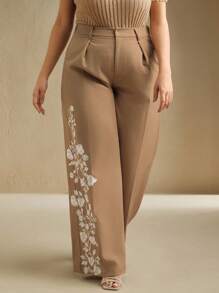 Anewsta Plus Size Women Elegant Floral Embroidery Suit Pants
