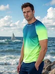 Surfspeed Men's UV Protection Short Sleeve Rashguard Top & Zipper Pocket Swim Trunks Swimsuit Swim Shirt For Men Men Rash Guard Men Swim Top - Green - View 4