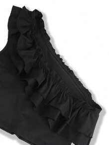 Breezaya 1 套黑色褶皱肩上衣和热带印花阔腿裤，休闲装 - 黑色 - 查看 7