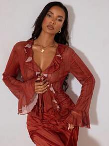 Opulessa Áo kiểu nữ dệt kim lưới kẻ sọc tay dài có bèo nhún, thích hợp cho kỳ nghỉ hè, du lịch. - Đỏ - Xem 1