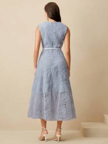 Anewsta Đầm midi không tay thiết kế thanh lịch cho nữ, trang trí hoa nhiều lớp, thắt eo ngọc trai, thích hợp cho mùa xuân, mùa hè, lễ hội, tốt nghiệp - Màu xanh lam - Xem 4