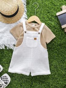 Newborn Baby Boy Versatile Solid White Gauze Bib Romper Shorts, Spring & Summer - Multicolor - View 6