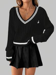 Franclia Halloween V-Neck Contrast Color Horse Embroidery Pullover Sweater, Multi-Color Set Fall Winter Cloth For Women - Black and White - View 5