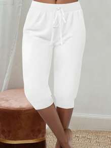 Pantalones capri casuales nudosos de talla grande en unicolor - Blanco - Ver 1