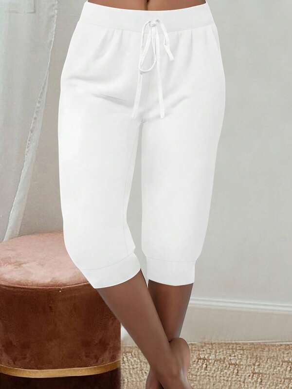 Plus maat effen kleur geknoopte casual capribroek