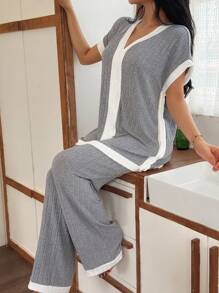 Lazeform 2 件套女士针织休闲拼色 V 领短袖上衣和裤子家居服套装 - 灰色 - 查看 6