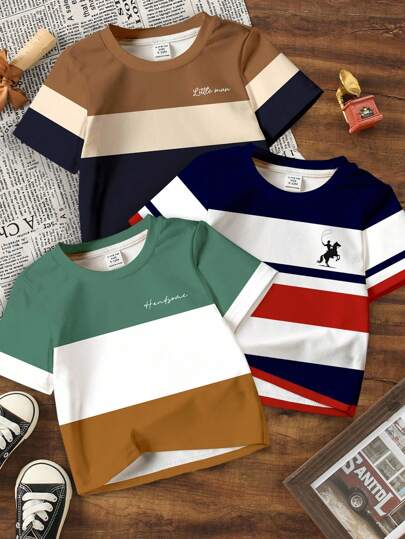 3pcs/Set Baby Boy Casual Short Sleeve Classic Colorblock Graphic Printed T-Shirts, Cool Campus Style, Suitable For Summer Baby Boy Striped Tshirt Baby Boy Color Block Tshirt Baby Boy Graphic Tshirt Baby Boy Tshirt Baby Boy Summer Tshirt Baby Boy Print Tshirt