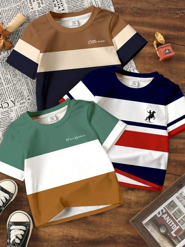 3pcs/Set Baby Boy Casual Short Sleeve Classic Colorblock Graphic Printed T-Shirts,Cool Campus Style, Suitable For Summer Baby Boy Striped Tshirt Baby Boy Color Block Tshirt Baby Boy Graphic Tshirt Toddler Boy Tshirt Baby Boy Summer Tshirt Baby Boy Print Tshirt
