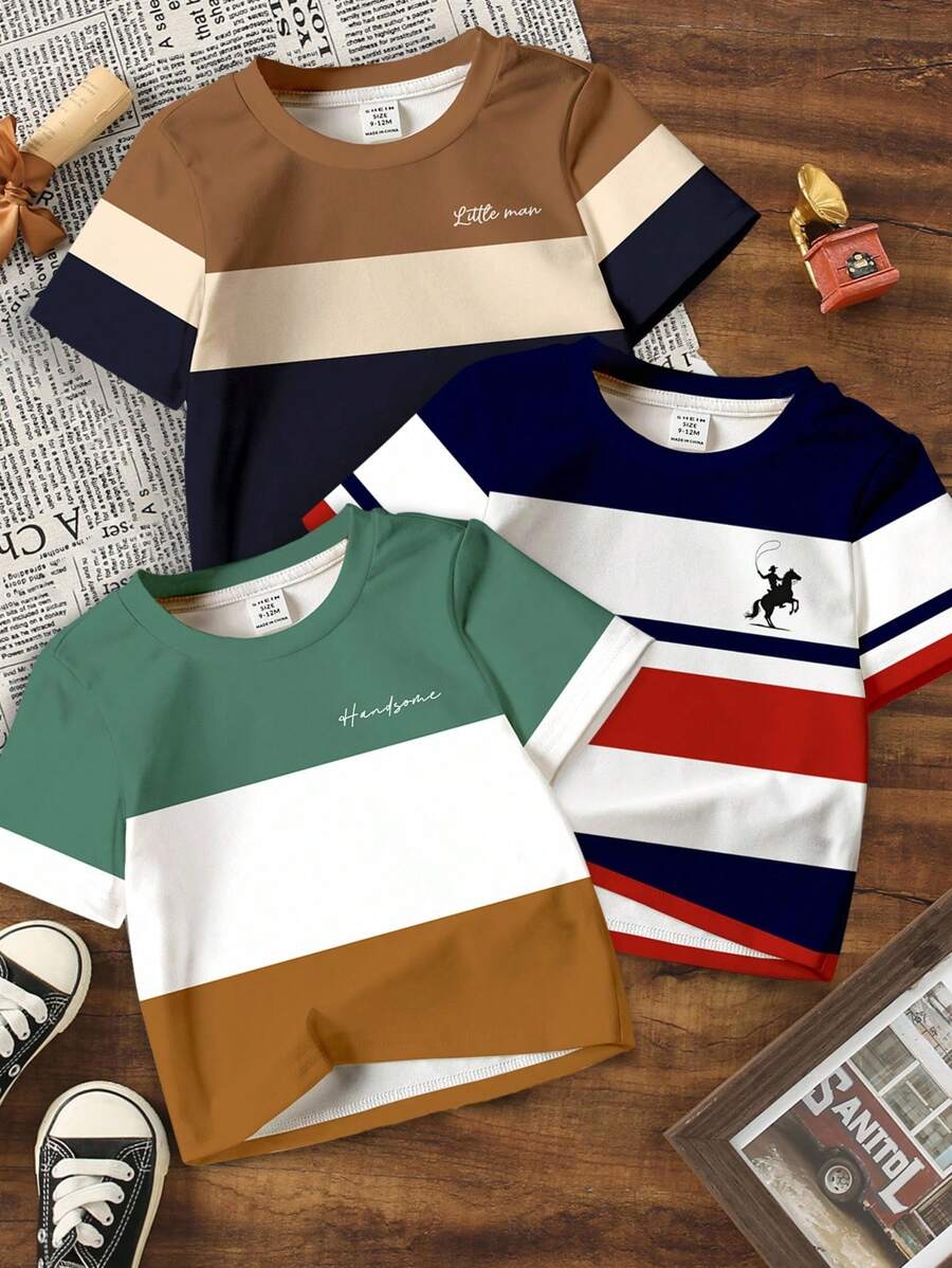 3pcs/Set Baby Boy Casual Short Sleeve Classic Colorblock Graphic Printed T-Shirts,Cool Campus Style, Suitable For Summer Baby Boy Striped Tshirt Baby Boy Color Block Tshirt Baby Boy Graphic Tshirt Toddler Boy Tshirt Baby Boy Summer Tshirt Baby Boy Print Tshirt